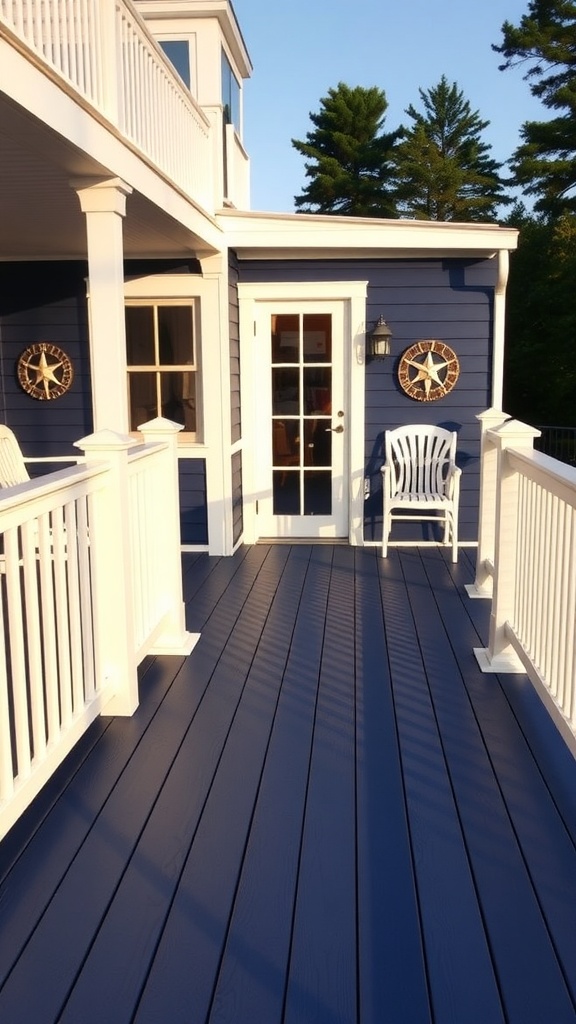 A cozy deck space featuring light taupe flooring, potted plants, and comfortable seating.