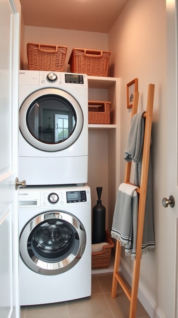 A compact laundry room with stacked washer and dryer, baskets, and a ladder shelf for storage.