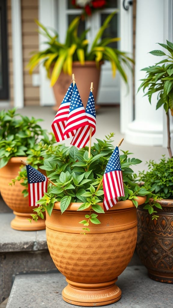 Mini American flags placed in potted plants on a porch.