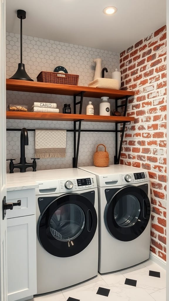 A modern laundry room featuring a mix of wood shelves, marble countertop, and a stylish sink.