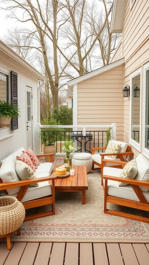 A cozy outdoor seating area featuring beige deck stain and stylish furniture.