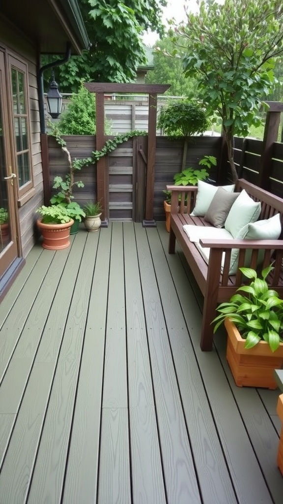A cozy deck with wooden benches and olive green accents surrounded by lush greenery.