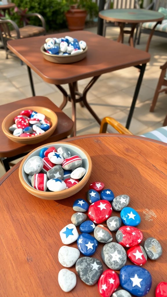 Colorful painted rocks in red, white, and blue arranged in bowls as a centerpiece for Fourth of July decor.