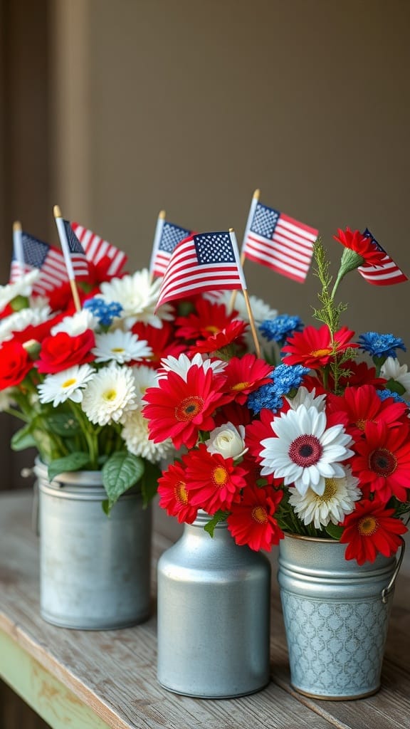 Floral arrangements with red, white, and blue flowers in metal containers, decorated with small American flags.