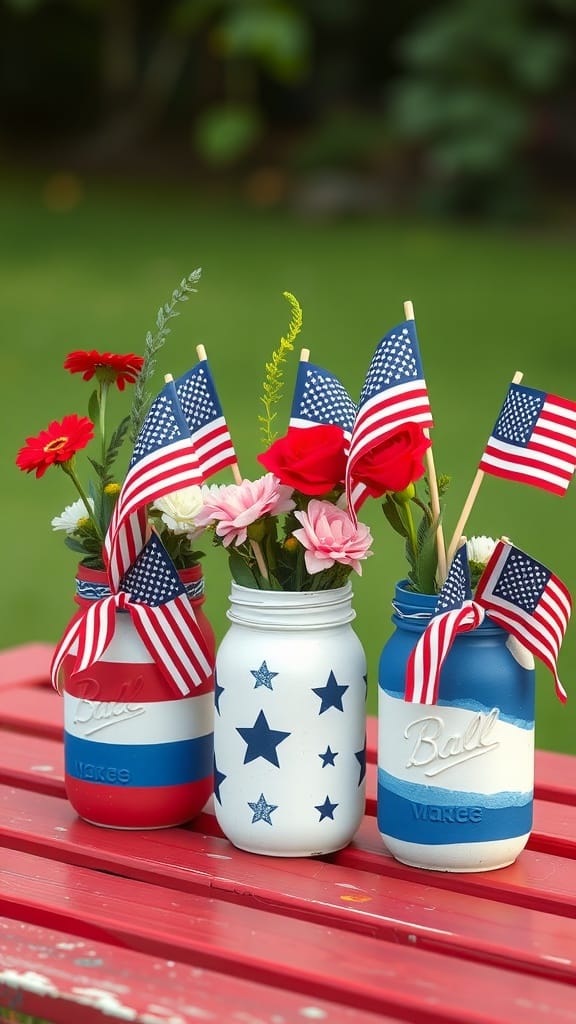 Red, white, and blue mason jars with flowers and flags for Fourth of July decor.