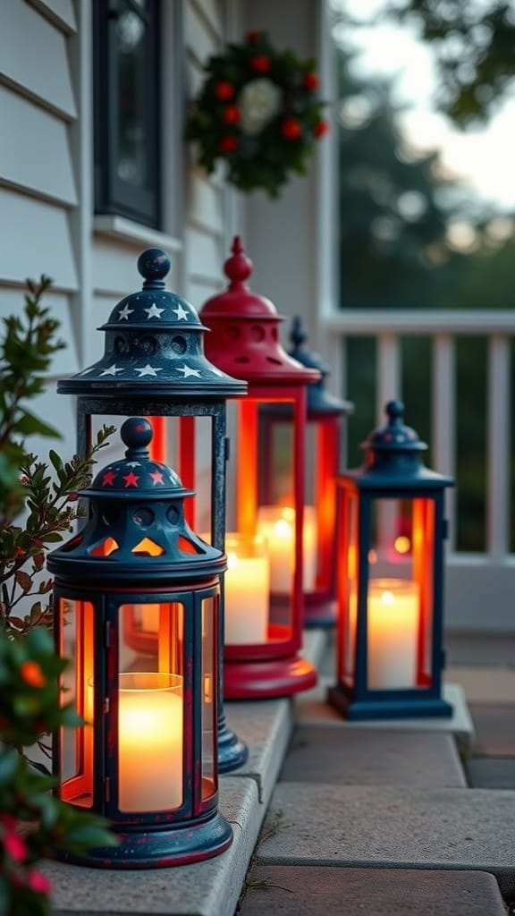 Outdoor lanterns in red, white, and blue illuminating a walkway for Fourth of July decor.