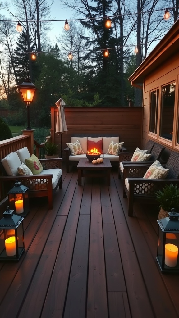 A cozy outdoor deck with rich walnut stain, featuring comfortable seating and warm lighting.