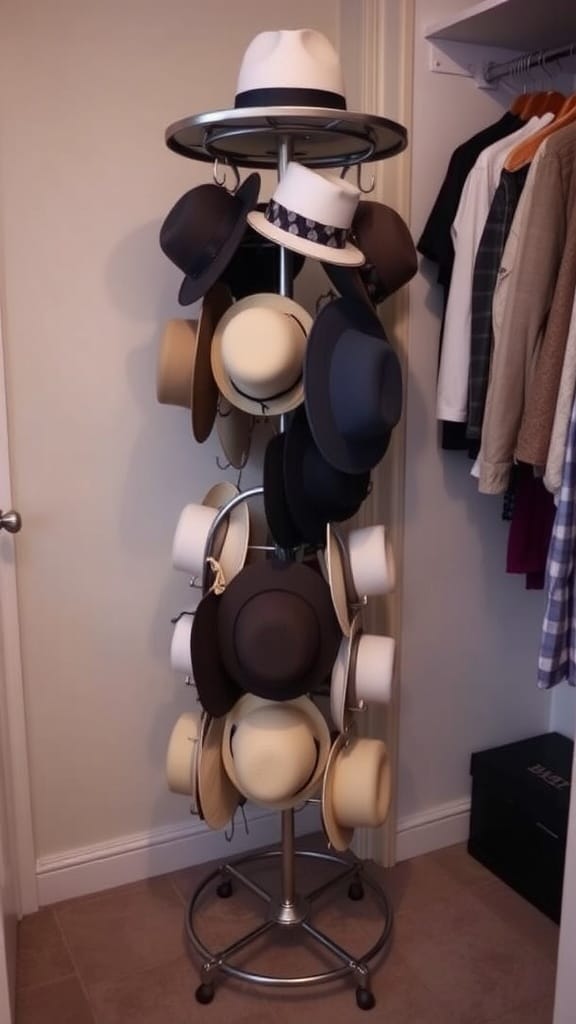 A rotating hat stand with various hats organized neatly.