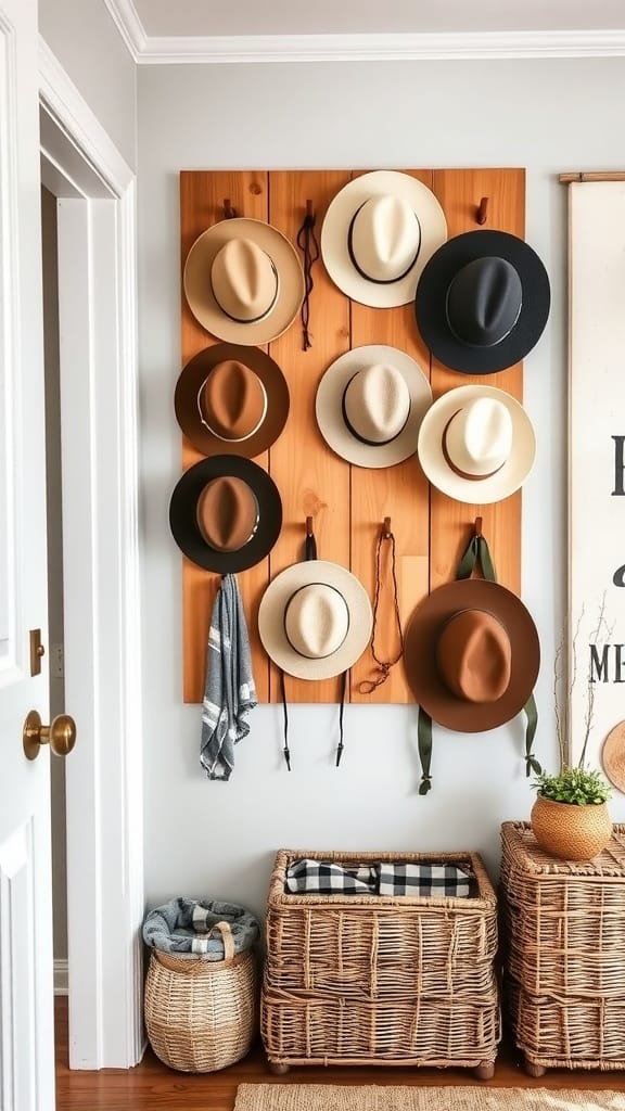 A rustic peg rack displaying various hats on a wall.