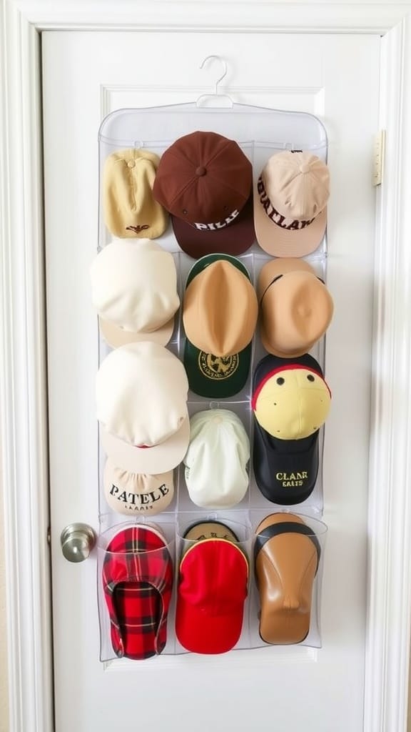 A shoe organizer hanging on a door displaying various hats in its pockets.