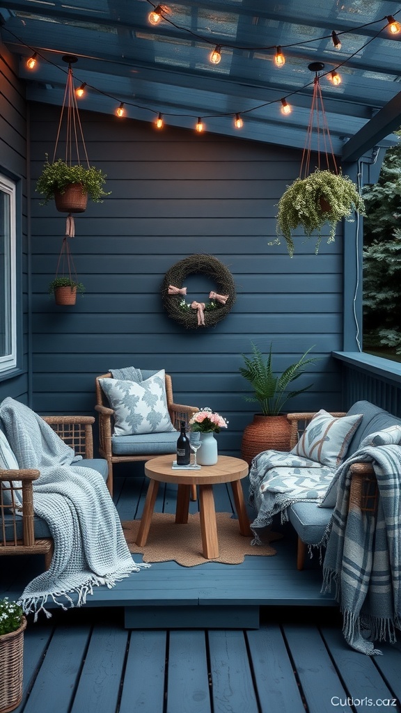 A smokey blue-grey deck with cozy seating and plants.