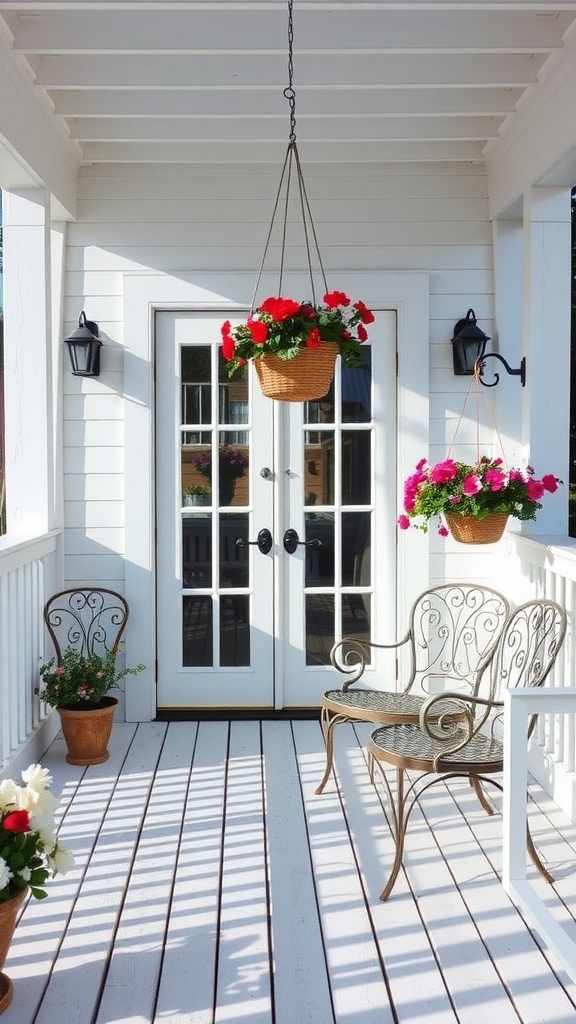 A cozy porch with a soft whitewashed deck, charming furniture, and hanging flower pots.