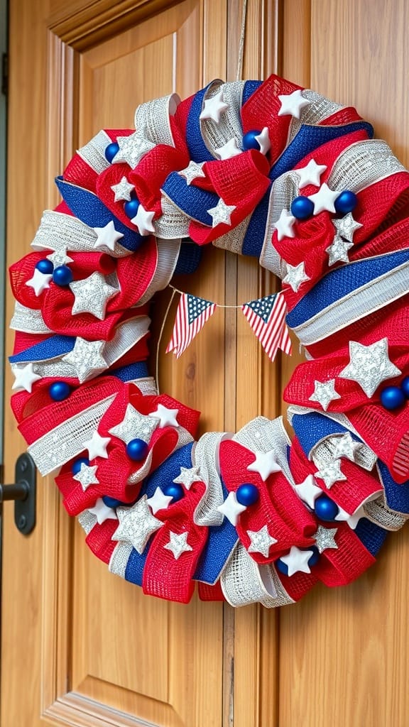 A Fourth of July themed wreath featuring red, white, and blue ribbons with stars.
