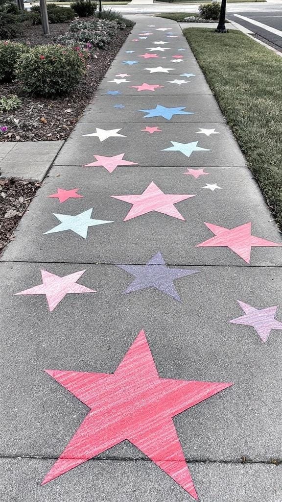 Colorful star decorations lining a sidewalk for Fourth of July decor.