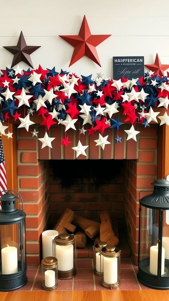 A mantel decorated with a star garland in red, white, and blue, with lanterns and candles underneath.