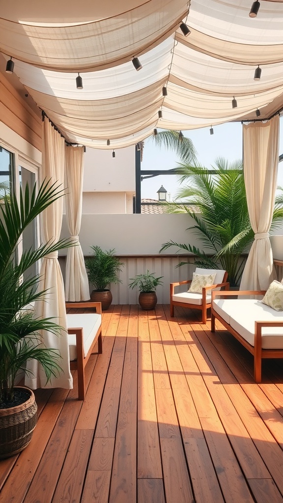 A stylish deck area featuring teak-colored wood, comfortable seating, and plants.