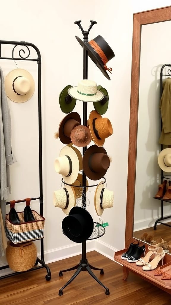 A tiered hat rack stand displaying various hats in a stylish setup.