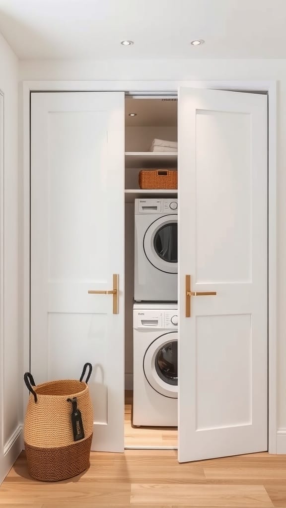 A hidden laundry room with pocket doors showcasing modern appliances and neatly arranged storage.