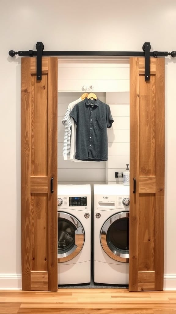 A laundry area concealed by stylish barn doors, featuring washing machines and hanging clothes.