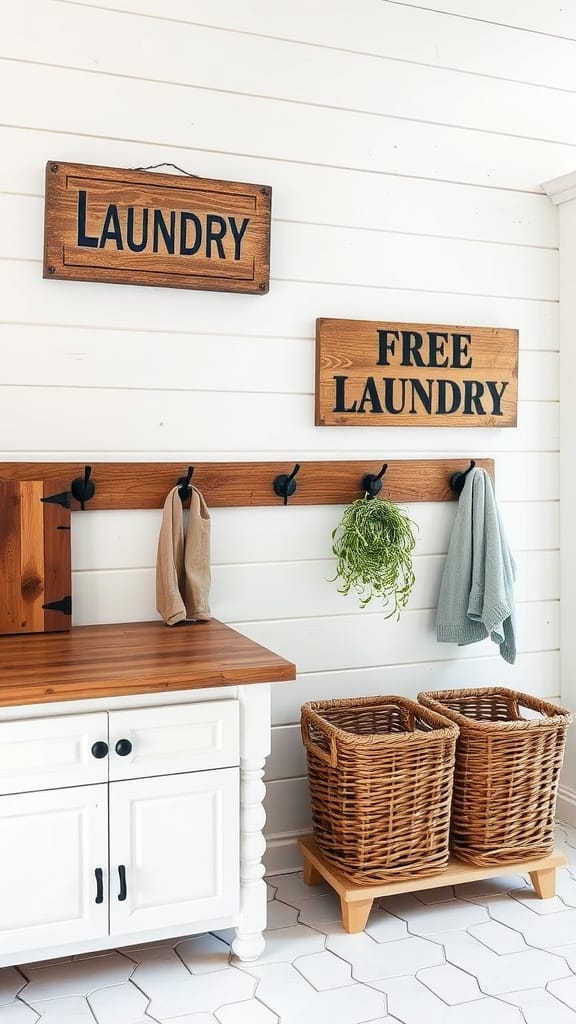 A laundry room with shiplap walls and wooden decor including signs and baskets.