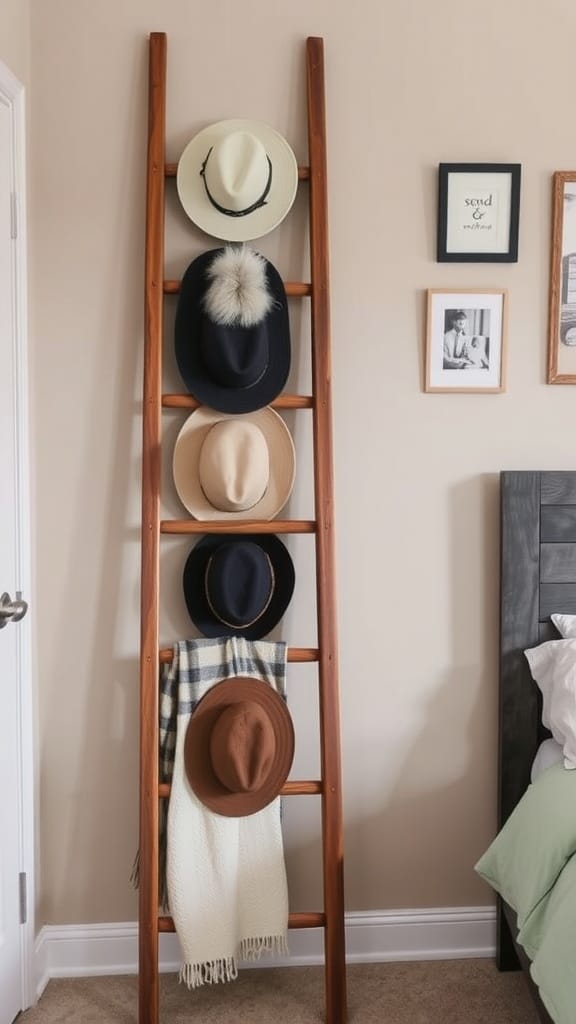 A wooden ladder with several hats displayed on it, leaning against a wall.