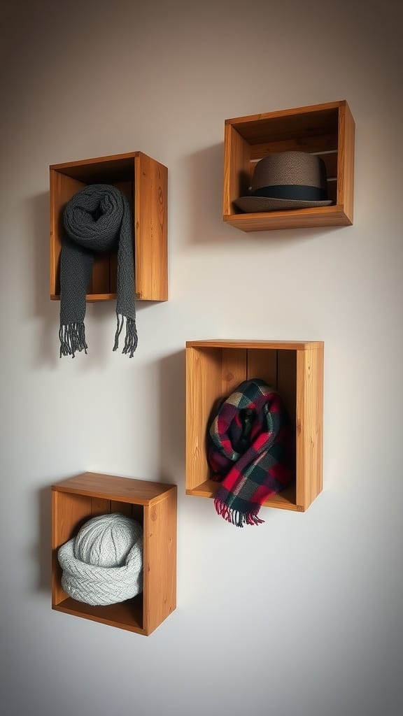 A wall organizer made from vintage wooden crates displaying various hats and scarves.