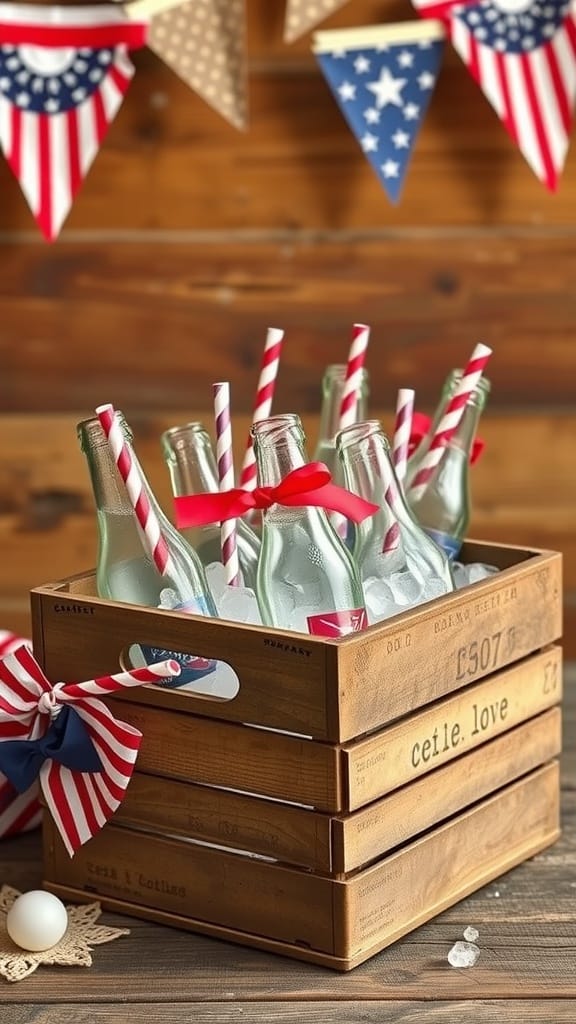A wooden vintage soda crate filled with glass soda bottles, striped straws, and decorated with red, white, and blue ribbons.