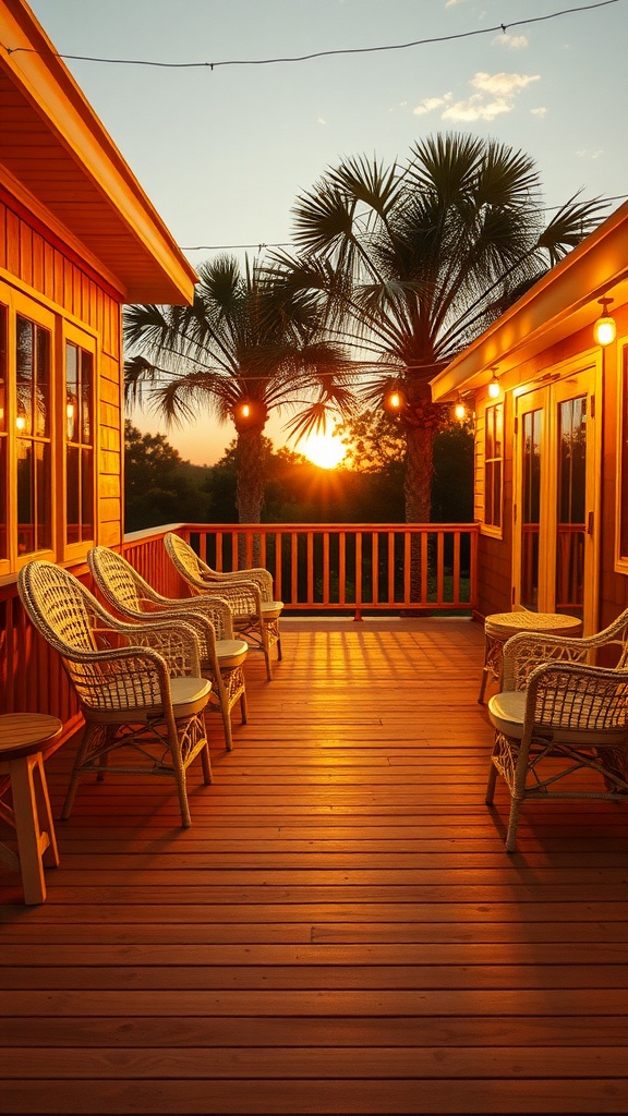 A beautifully stained wooden deck in warm honey brown, featuring wicker chairs and palm trees, with a sunset in the background.