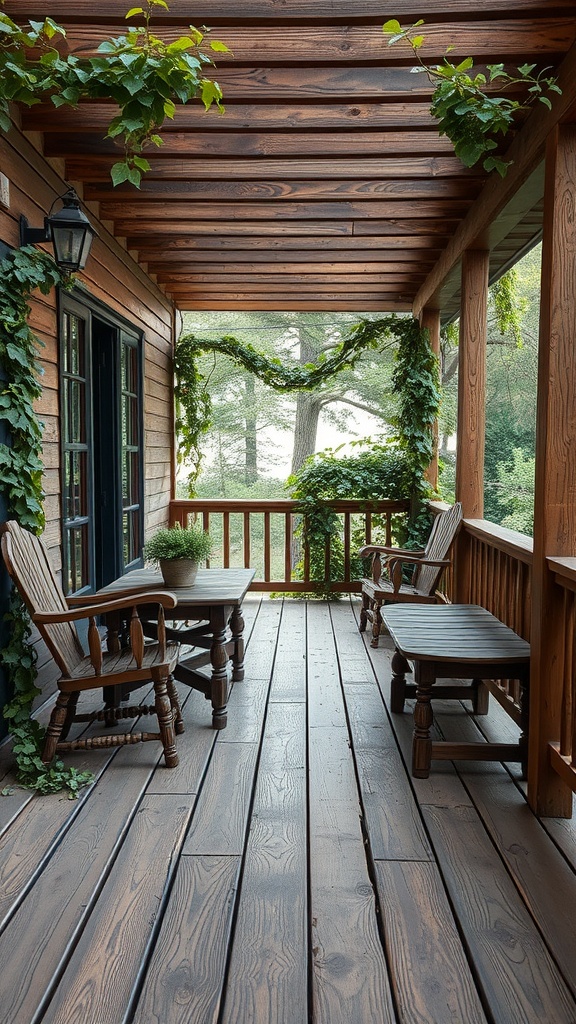 A cozy porch with weathered oak decking, surrounded by greenery.