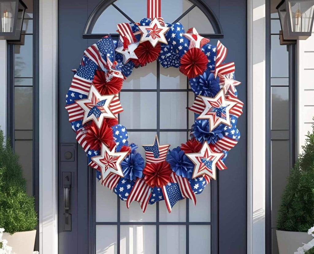 A colourful patriotic wreath hanging on a modern front door