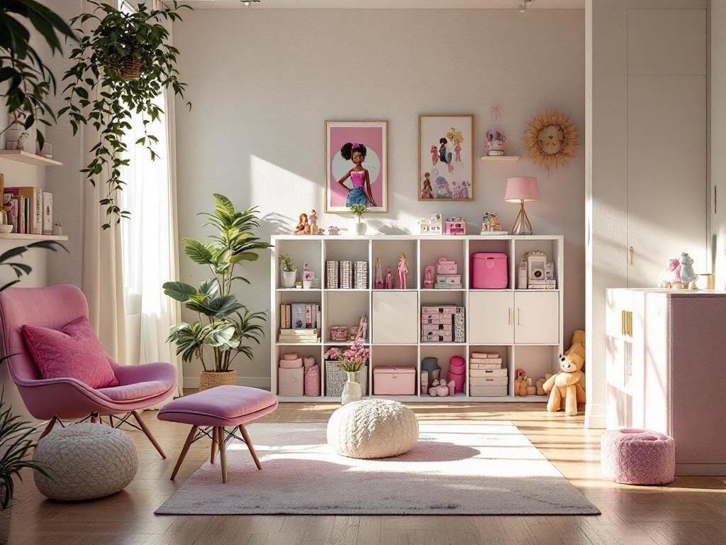 Barbie dolls organized in a modern kids' playroom