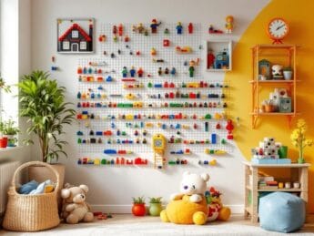 Different lego figures and pieces organized on a wall aesthetically in a modern and colourful kids playroom