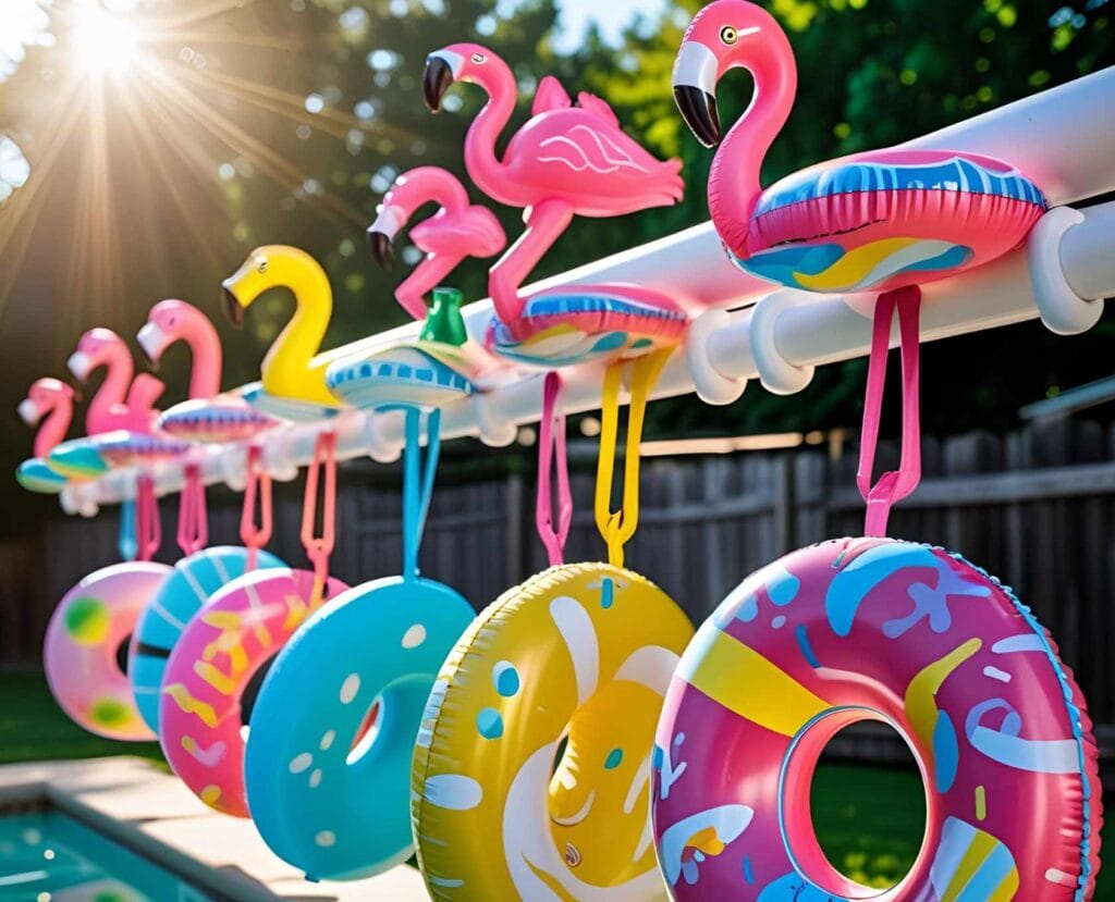 A bright, sun-drenched backyard poolside scene featuring a neatly organized selection of colorful pool floats—like flamingos, donuts, and loungers.