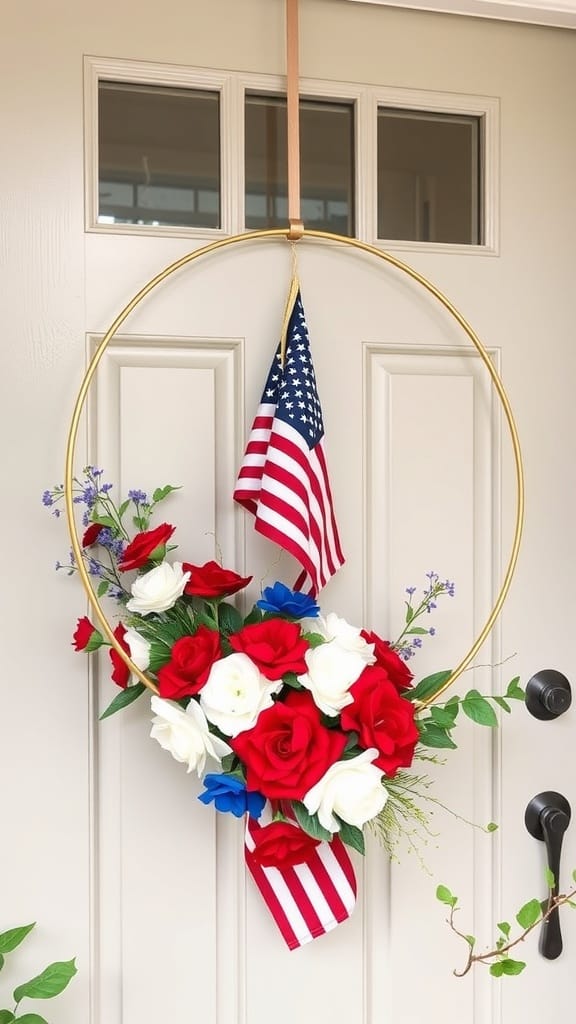 A floral hoop wreath featuring red, white, and blue flowers with a small American flag.