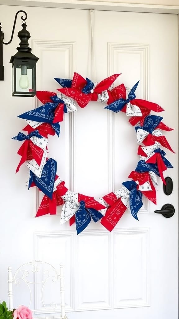 A colorful bandana loop wreath made with red, white, and blue bandanas, hanging on a door.