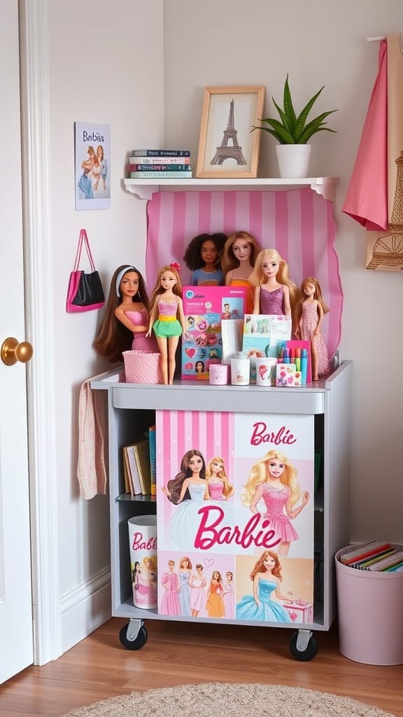 A colorful Barbie-themed storage cart filled with dolls and accessories.