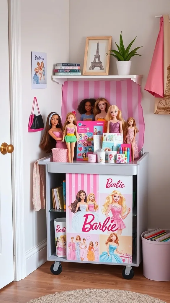 A colorful Barbie-themed storage cart filled with dolls and accessories.