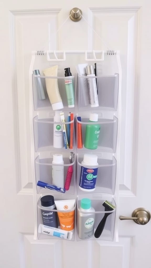 Shoe organizer hanging on a door filled with various toiletries and personal care items.