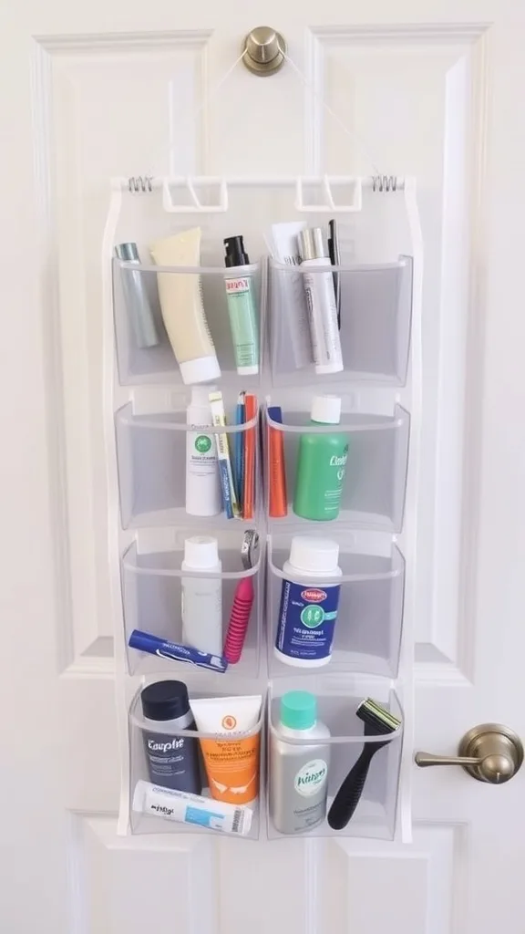 Shoe organizer hanging on a door filled with various toiletries and personal care items.