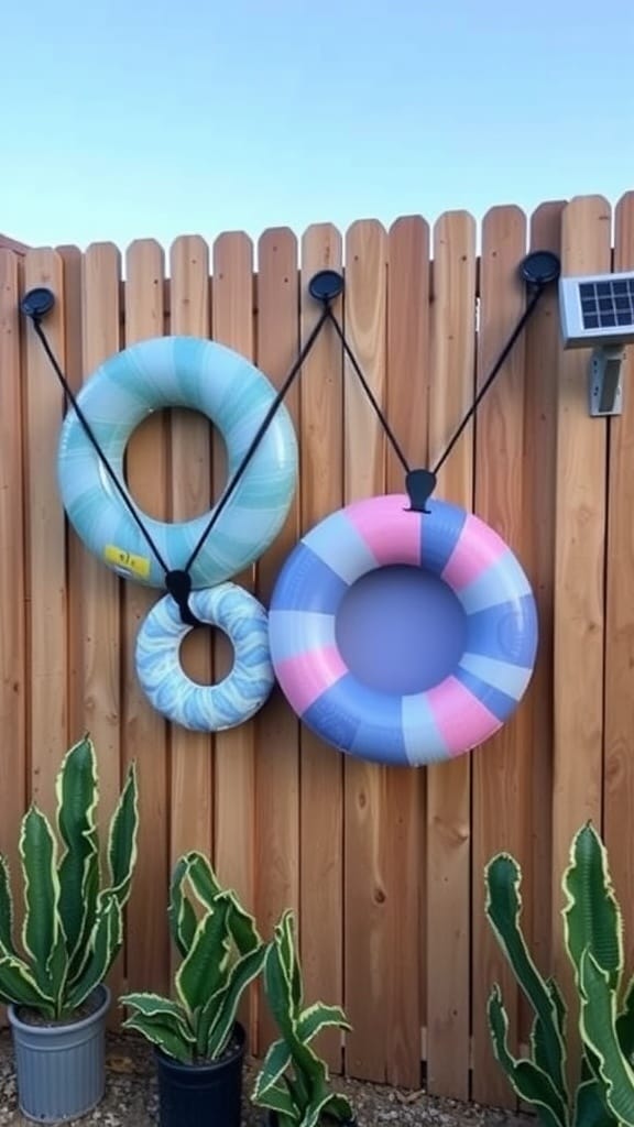 A bungee cord float wall displaying colorful pool floats neatly organized.