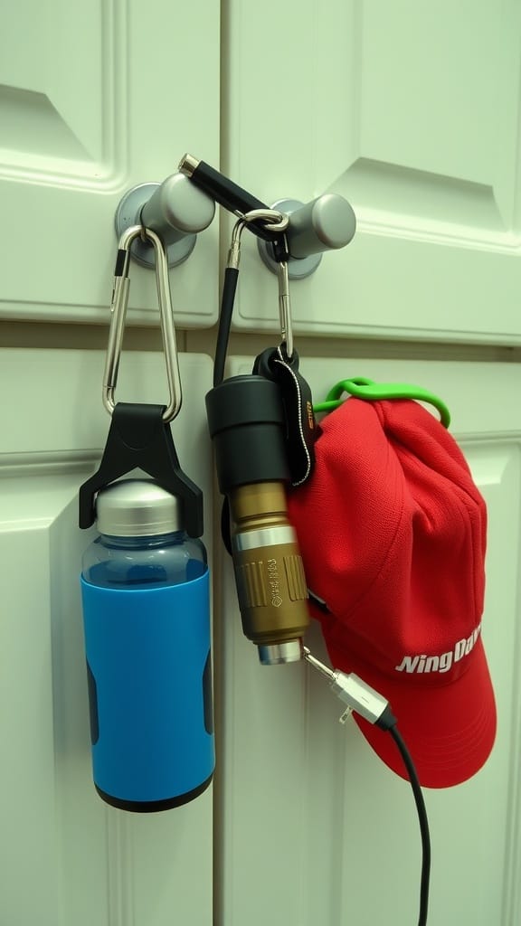 Carabiners holding a water bottle, flashlight, and hat on a cabinet.