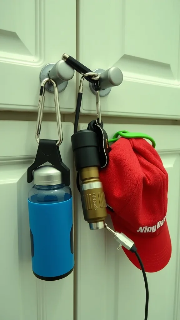 Carabiners holding a water bottle, flashlight, and hat on a cabinet.