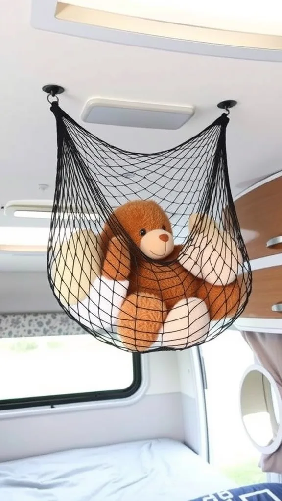 A ceiling net in an RV holding soft toys.
