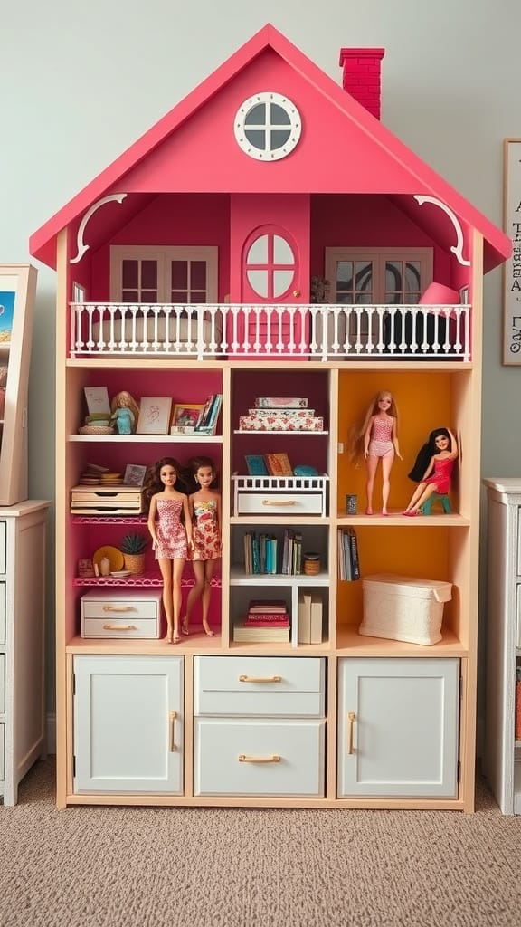 A colorful dollhouse storage unit displaying Barbie dolls and accessories.