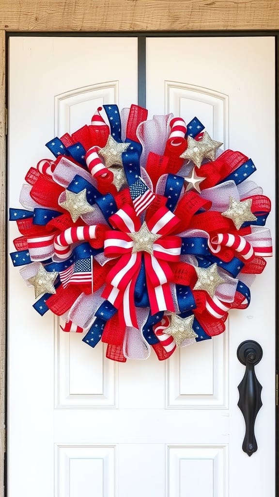 A vibrant red, white, and blue mesh wreath decorated with stars and stripes, perfect for 4th of July.
