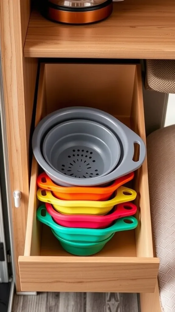 A drawer filled with colorful collapsible kitchen gear including colanders and measuring cups.