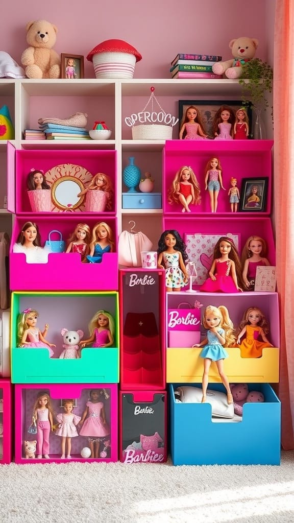 Colorful toy boxes filled with Barbie dolls and accessories.