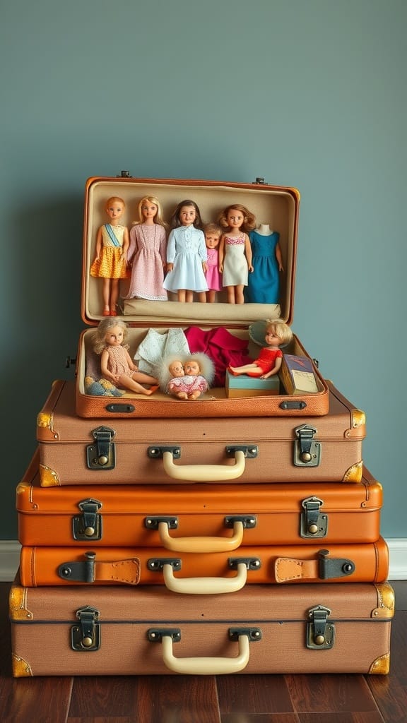 Vintage suitcases stacked with Barbie dolls and outfits inside.