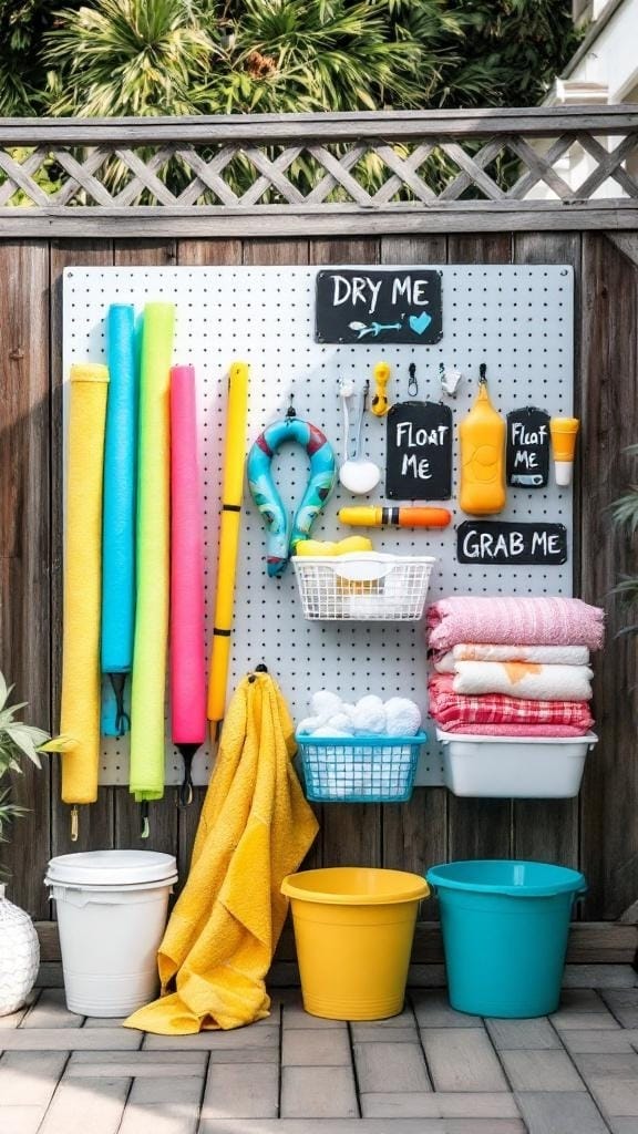 A colorful fence organizer board displaying pool floats, towels, and storage bins.