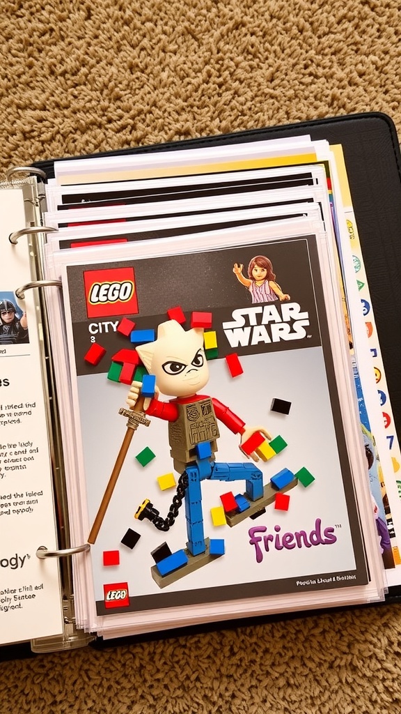 A binder filled with Lego instruction booklets, showcasing a colorful Lego character on the cover.
